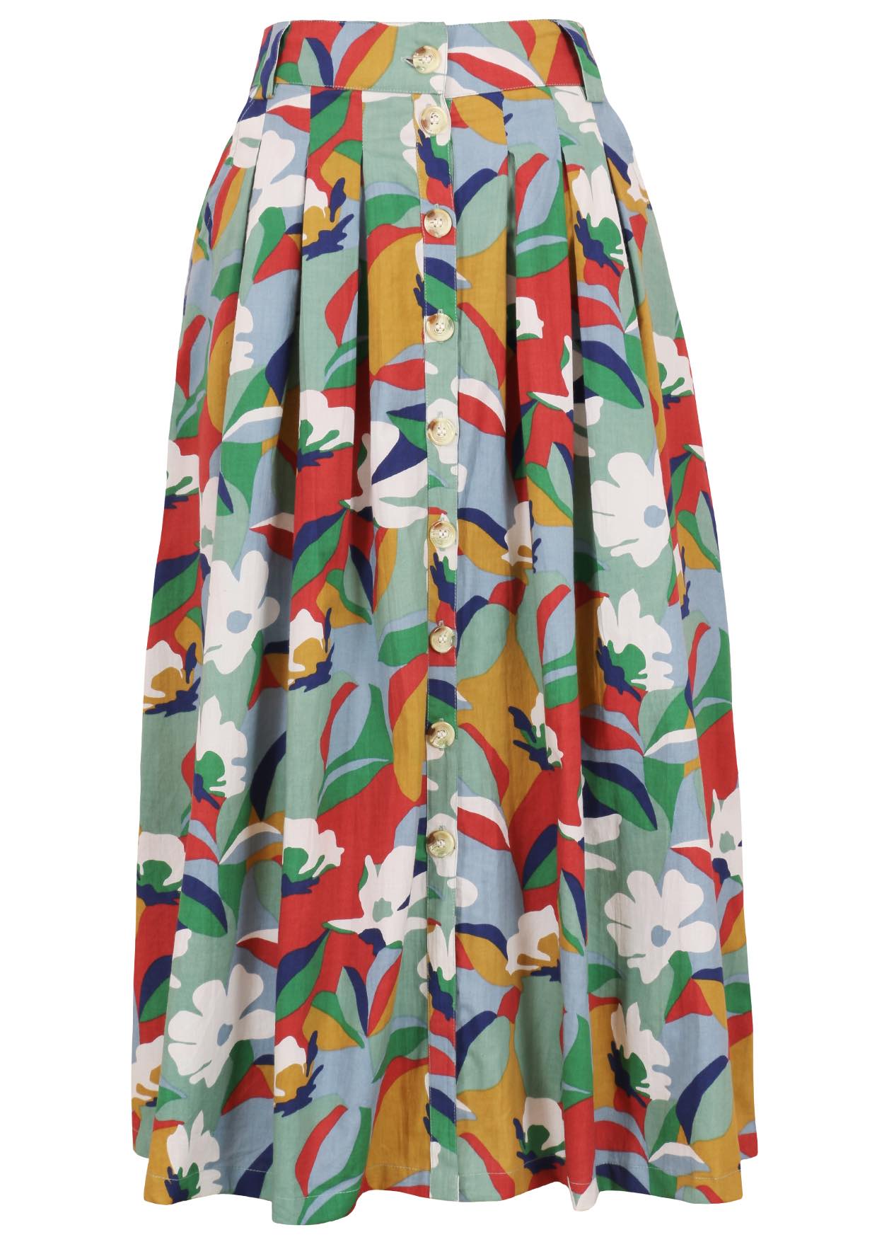 Front view of colourful cotton midi length A-line button through skirt with belt loops and pockets