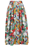 Front view of colourful cotton midi length A-line button through skirt with belt loops and pockets