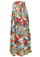 Side view of colourful cotton midi length A-line skirt with belt loops and pockets