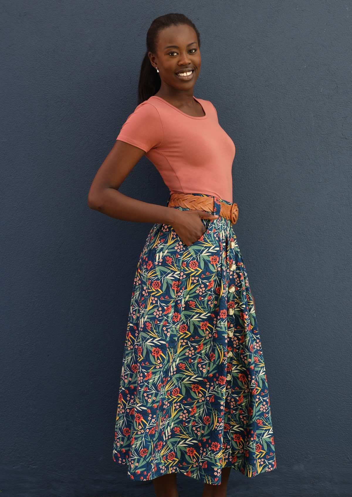 Floral midi clearance skirt with pockets