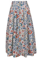 100% cotton knee length button through skirt with box pleats and belt loops in white based floral print