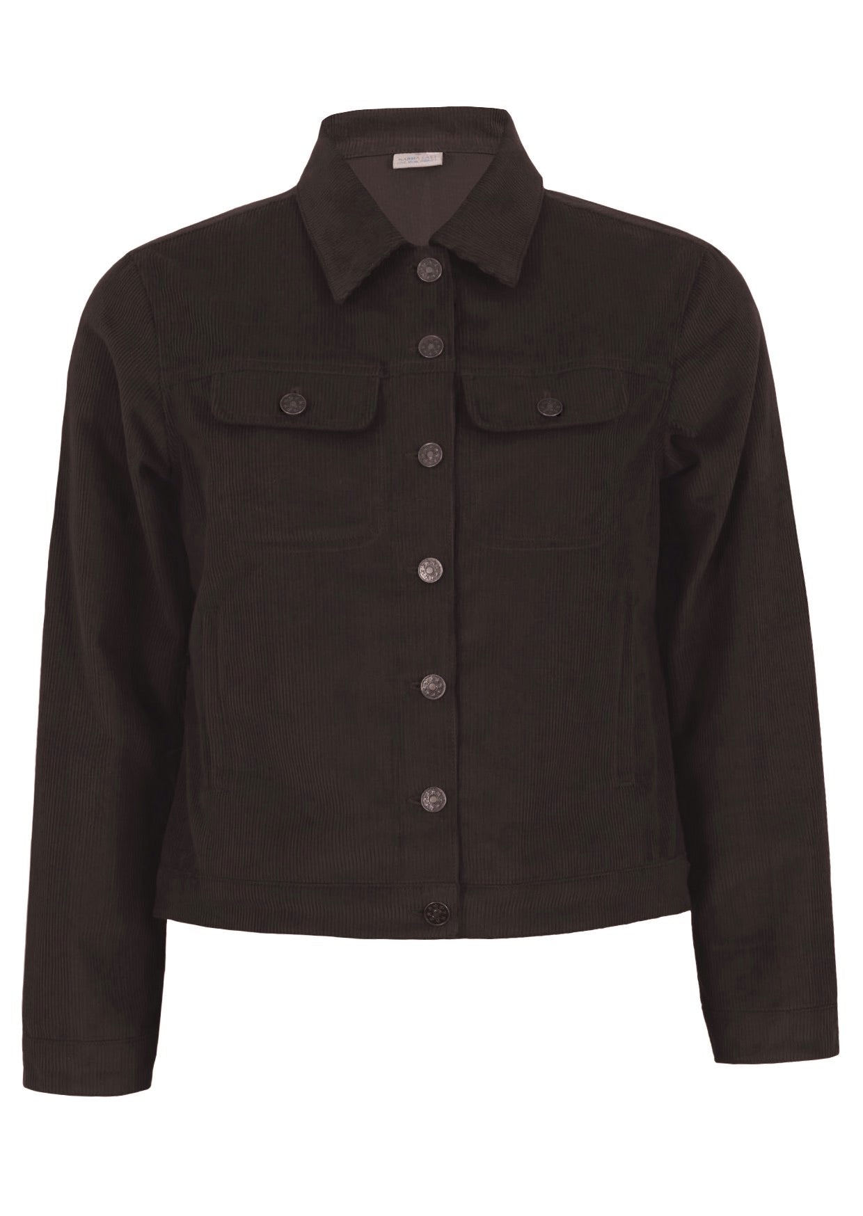 100% cotton corduroy jacket in 100% in dark, neutral chocolate brown. 