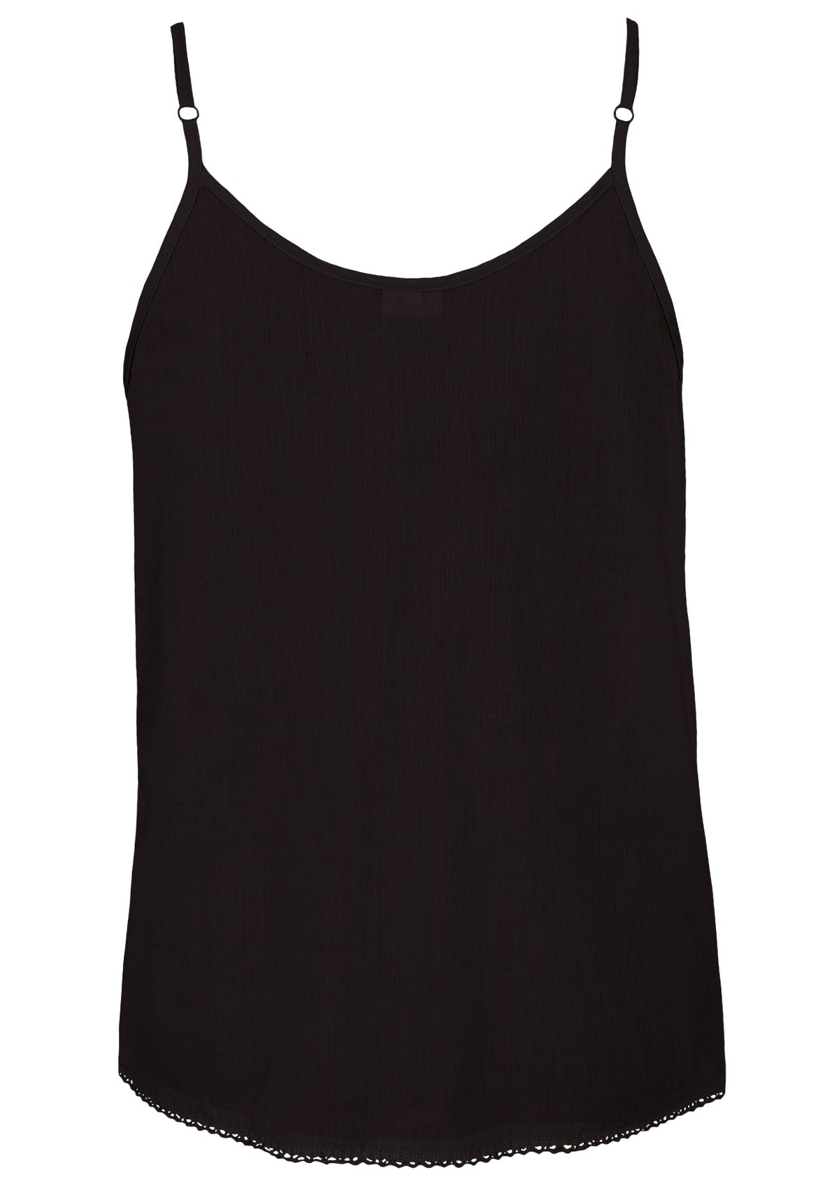 Black cotton camisole top with adjustable spaghetti straps, a V-neckline and picot trim, back view