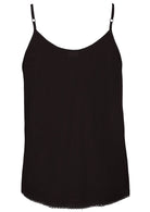 Black cotton camisole top with adjustable spaghetti straps, a V-neckline and picot trim, back view