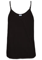 Black cotton camisole top with adjustable spaghetti straps, a V-neckline and picot trim, front view
