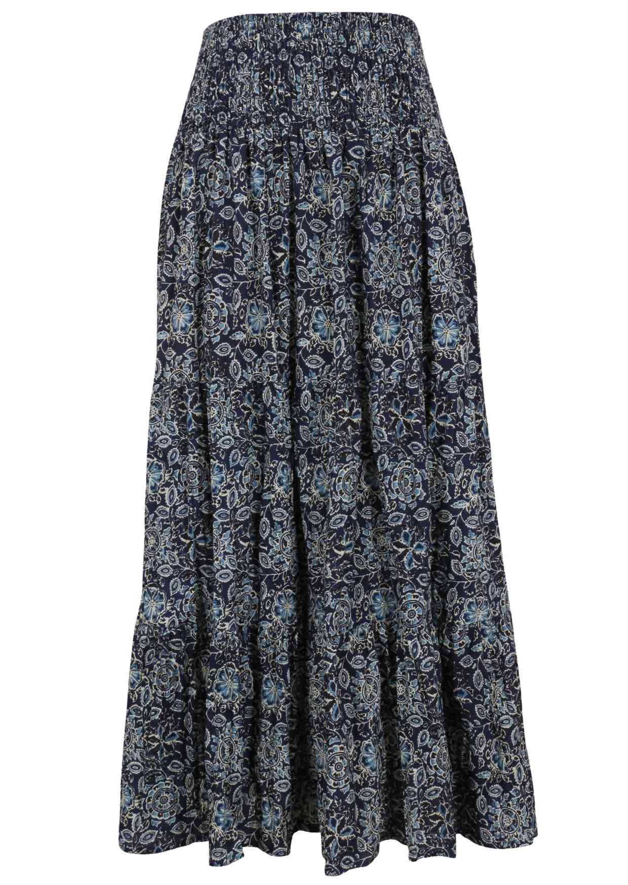 Floral patterned cotton skirt on a navy  blue base floral print with elasticised waistband.
