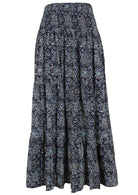 Floral patterned cotton skirt on a navy  blue base floral print with elasticised waistband.