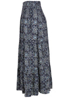 Navy blue based floral print, 100% cotton skirt.