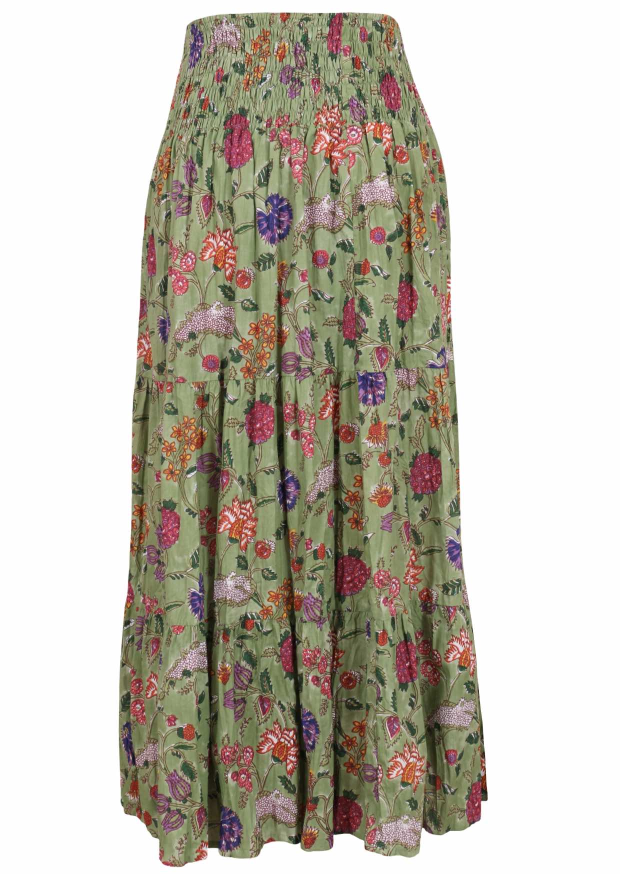 Green based multi-coloured floral print, 100% cotton skirt.
