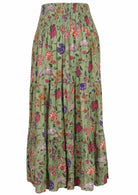 Green based multi-coloured floral print, 100% cotton skirt.