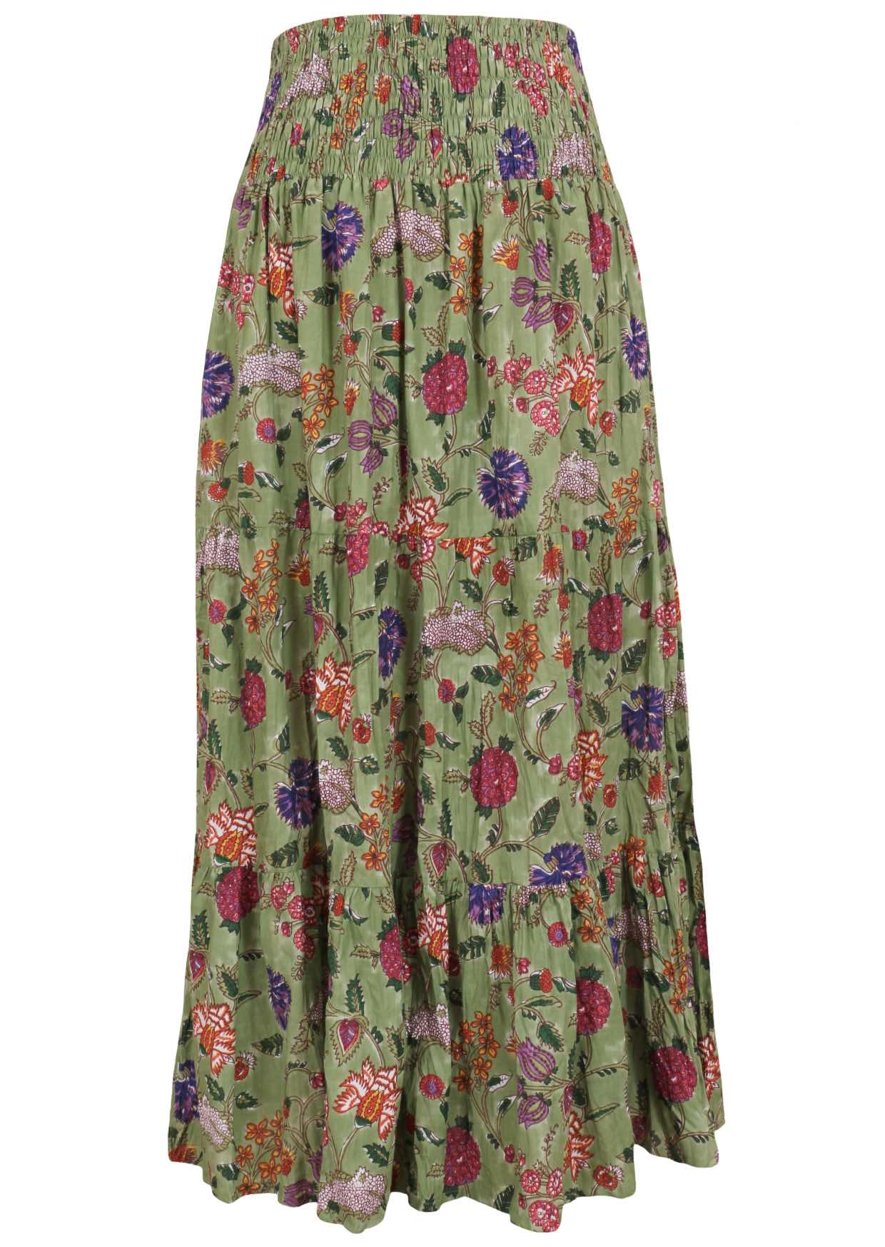 Floral patterned cotton skirt on a moss green base with elasticised wasitband.