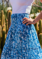 Close up of wide elastic shirred waistband of cotton maxi skirt