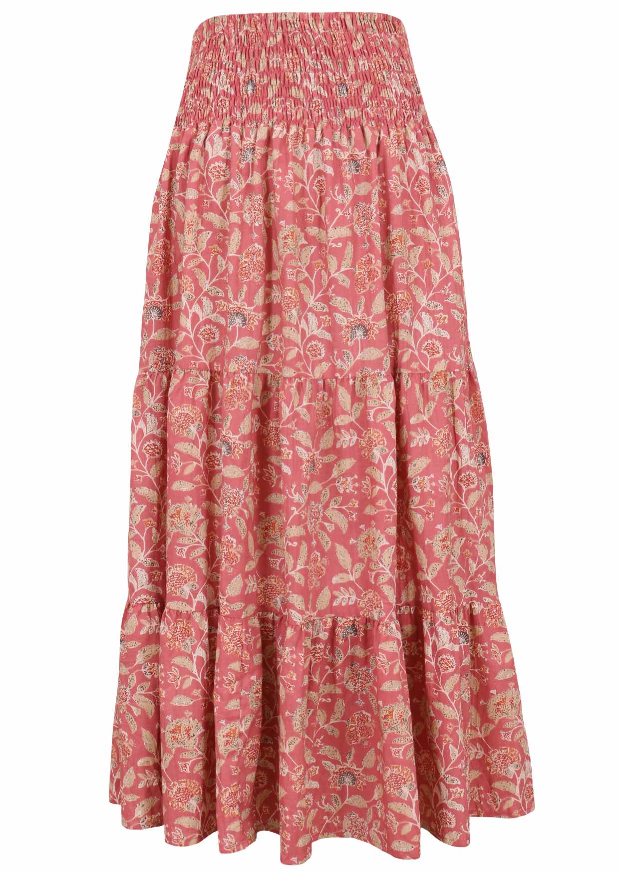 Floral patterned cotton skirt on a rose  pink base floral print with elasticised waistband.