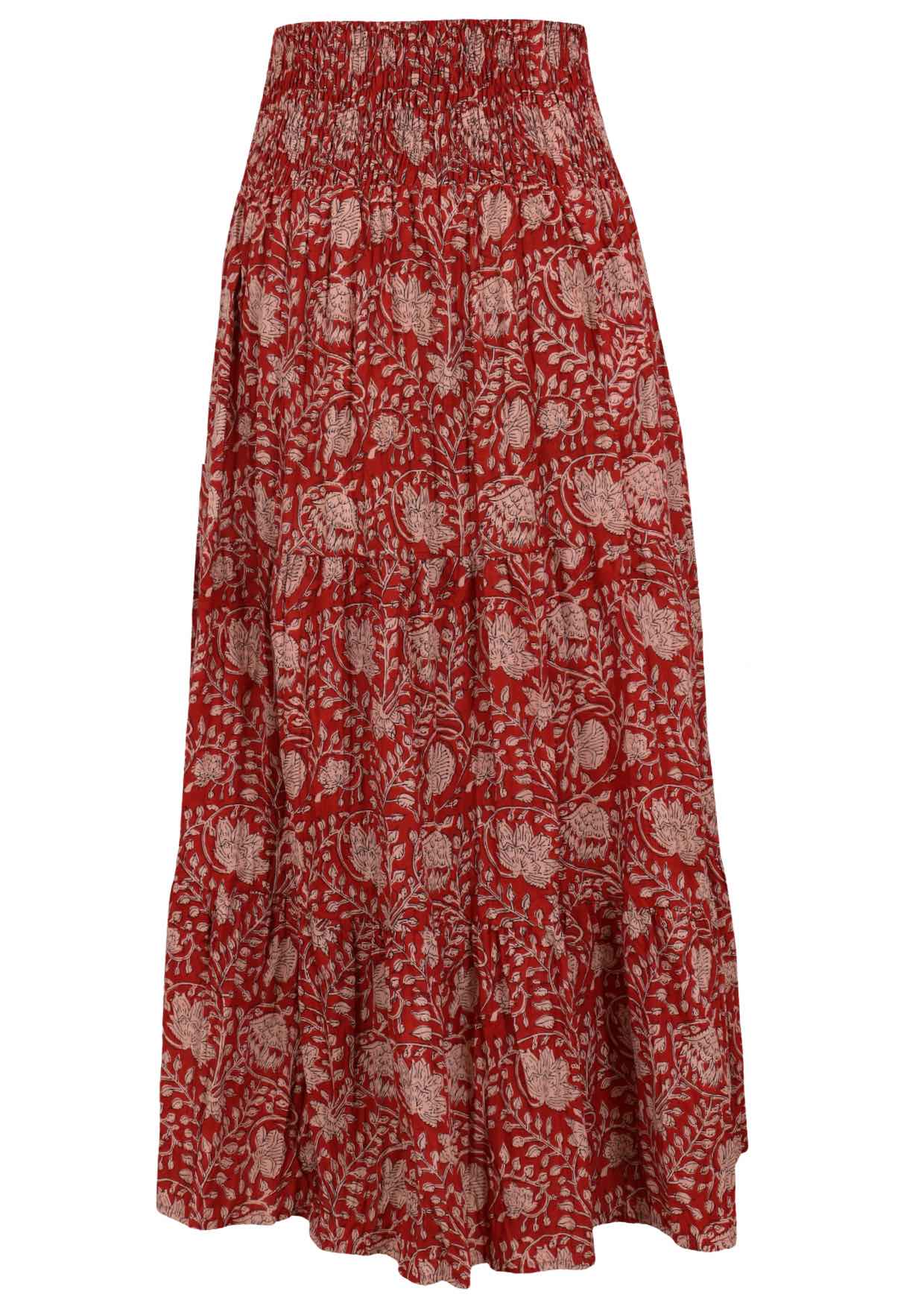Floral patterned cotton skirt on a red base floral print with elasticised waistband.