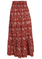 Floral patterned cotton skirt on a red base floral print with elasticised waistband.