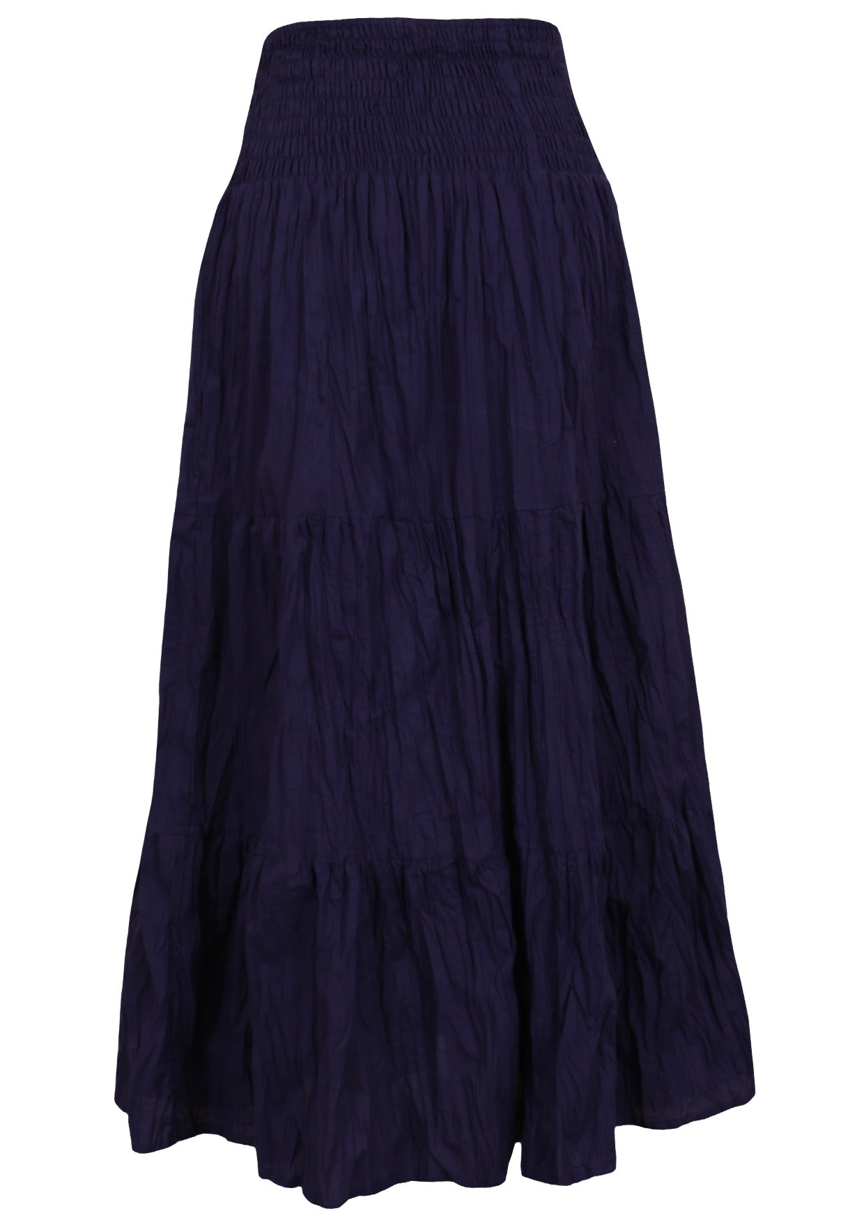 navy blue shirred elastic waist maxi skirt in cotton back view