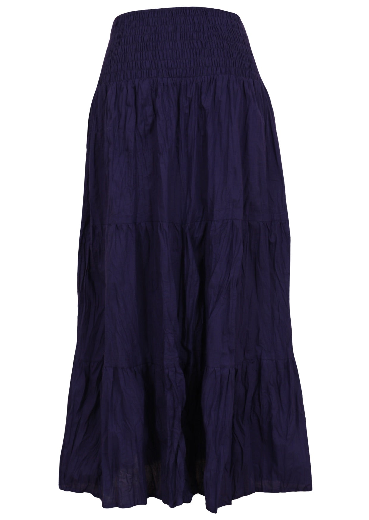 navy blue shirred elastic waist maxi skirt in cotton