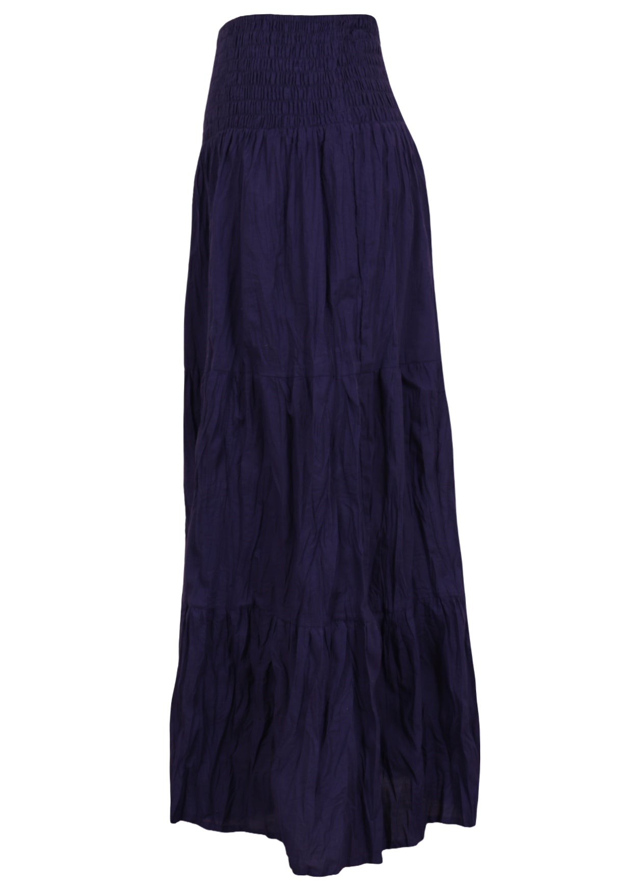 navy blue shirred elastic waist maxi skirt in cotton side view