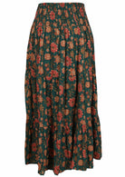 Back image of floral printed maxi skirt with wide shirred waistband and 3 tiers.