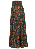 Lightweight cotton maxi skirt with bright floral print on dark green base
