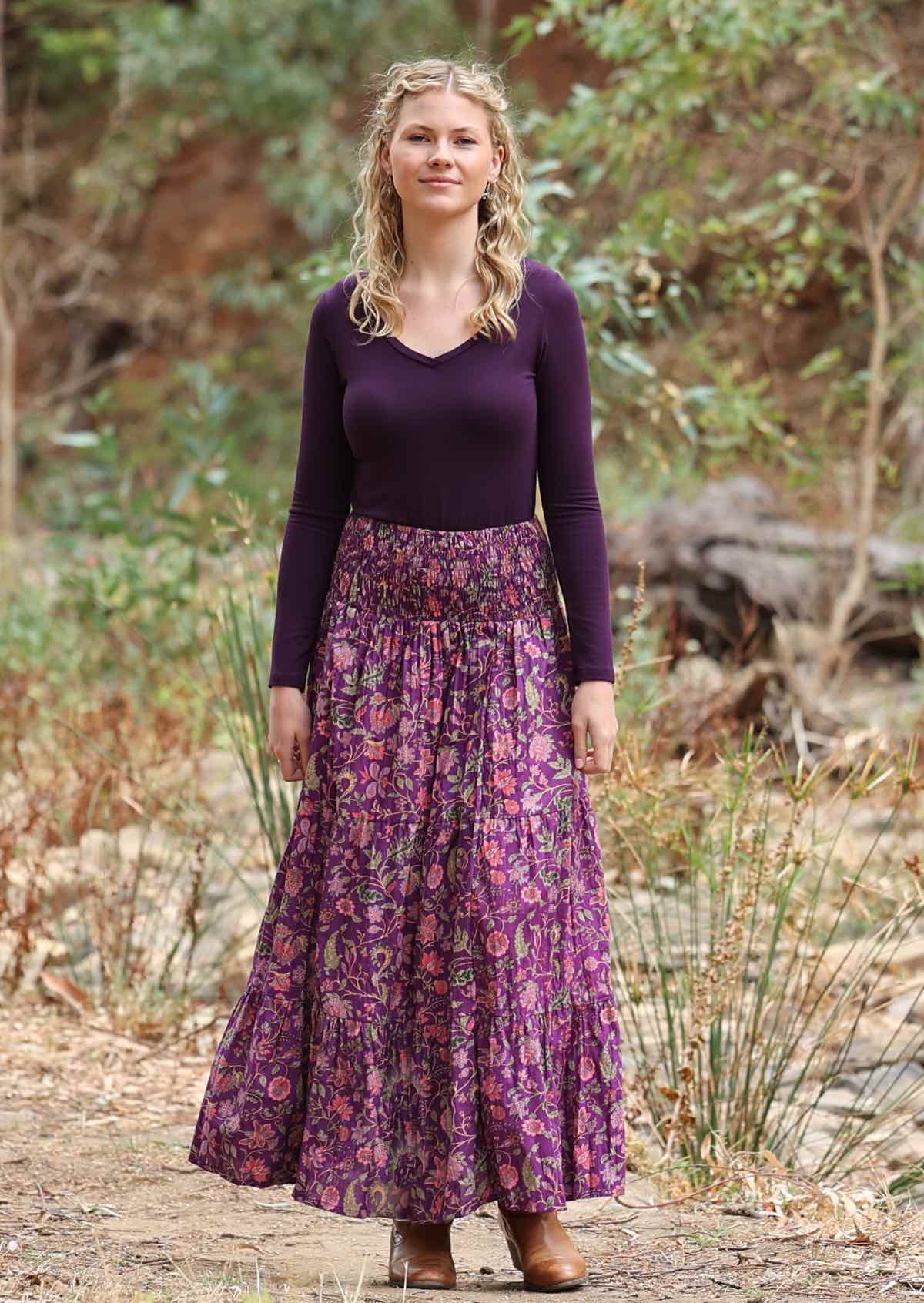 Cotton maxi skirt with elastic shirred waistband and tiers of fabric