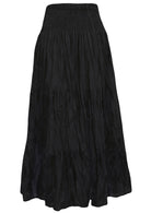 Back view of lightweight cotton three tiered maxi skirt with wide shirred waistband
