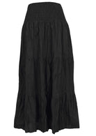100% cotton black three tiered maxi skirt with shirring across the waistband 