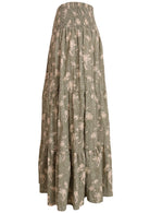 Side mannequin photo of cotton maxi skirt with tiers and extra wide shirred waistband