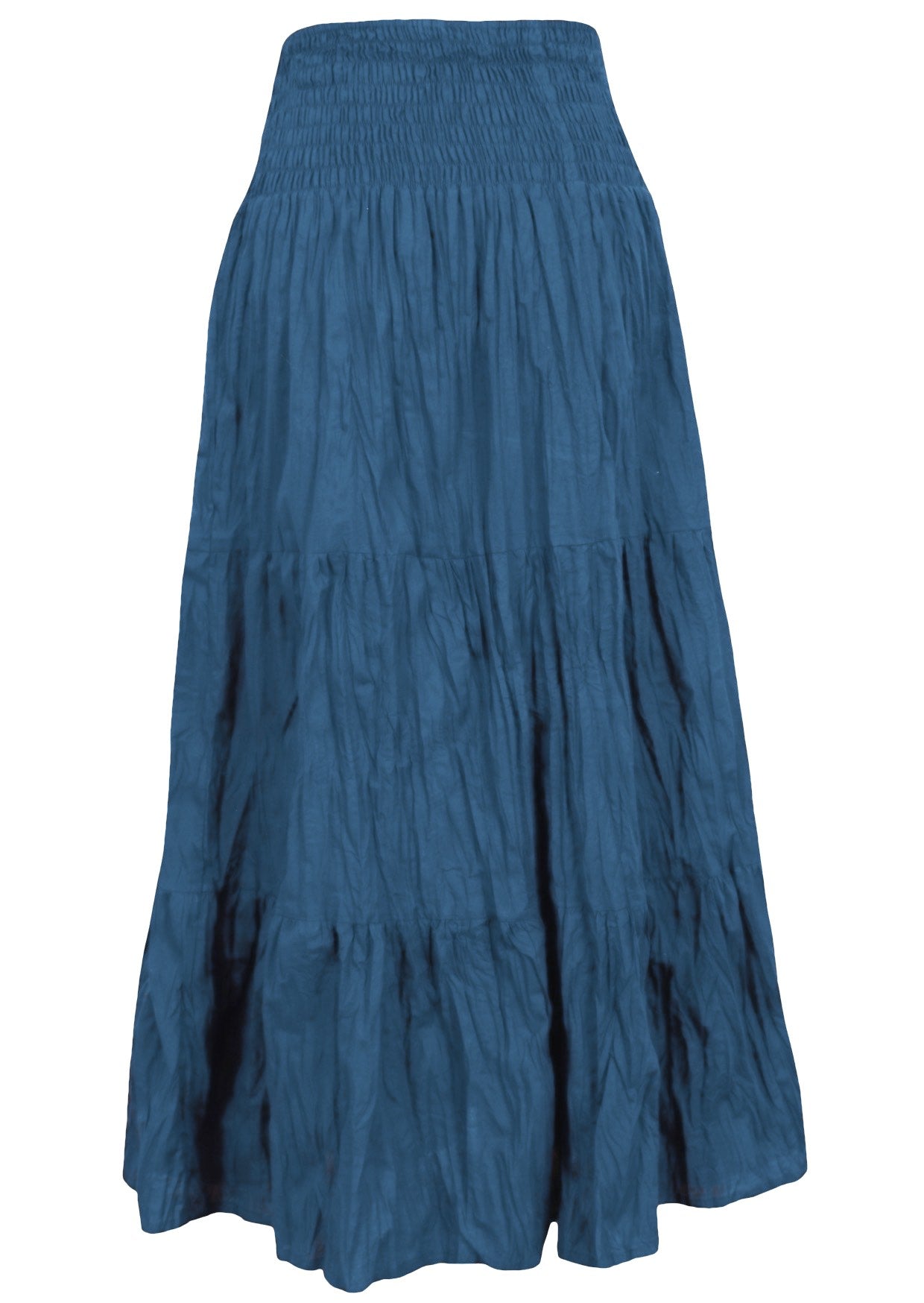 100% cotton long flowy skirt with 3 tiered design and wide shirred waistband in muted blue shade