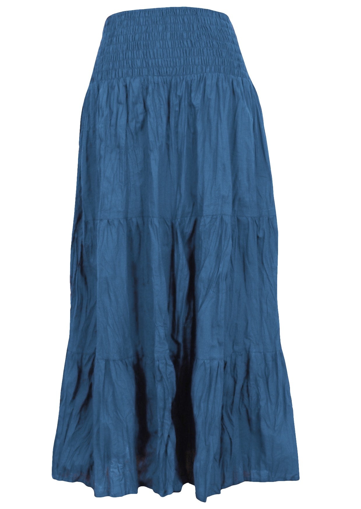 100% cotton blue tiered maxi skirt with shirring across the waistband 