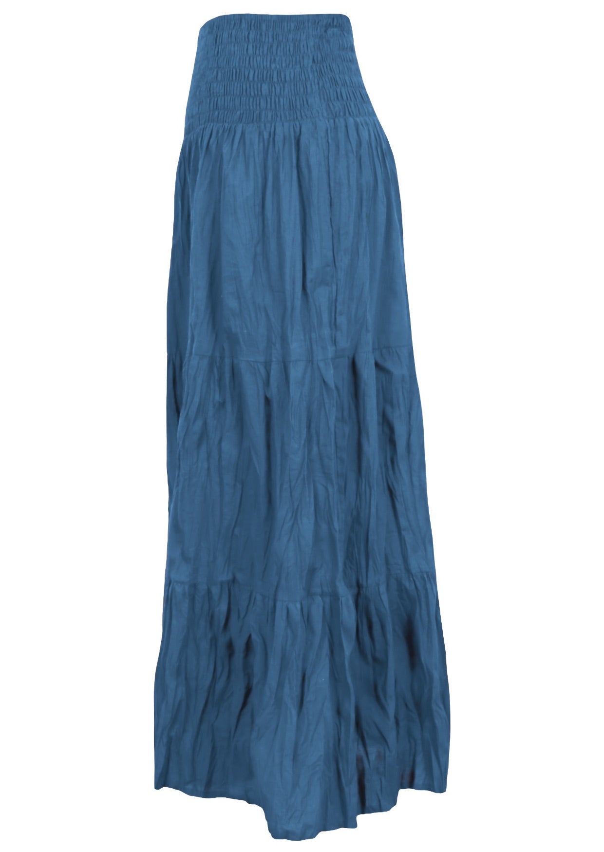 Lightweight blue cotton maxi skirt with tiered design and elasticated waistband  