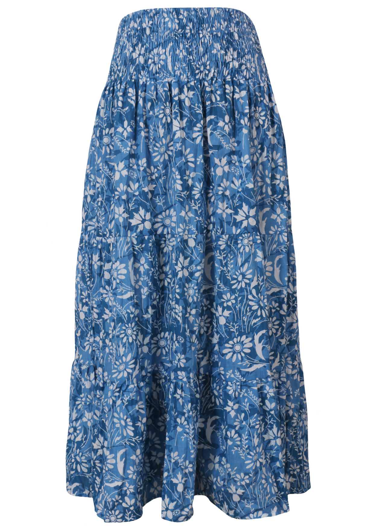 Front mannequin photo of cotton maxi skirt with wide shirred elastic waistband in blue floral print