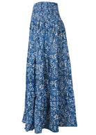 Side mannequin photo of cotton maxi skirt with wide shirred elastic waistband in blue floral print