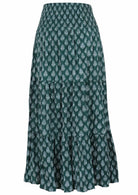 White pendant print on dark green base cotton maxi skirt