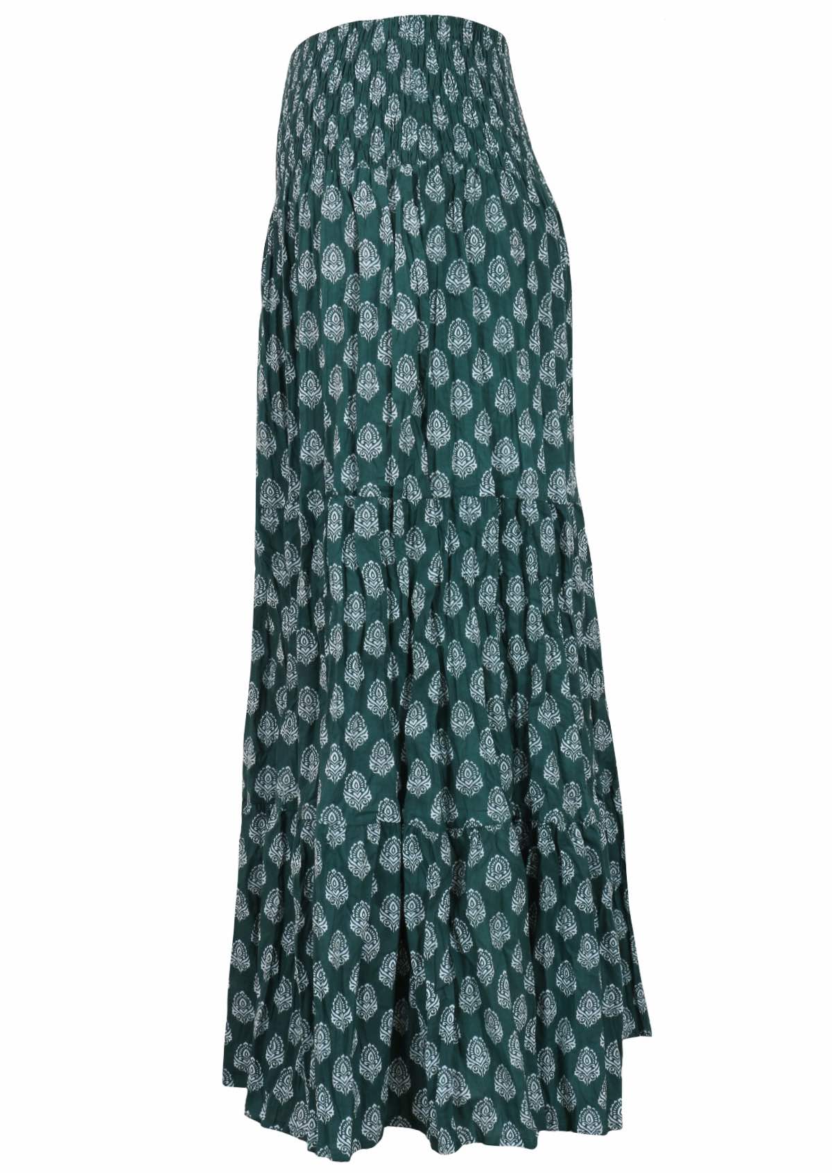 Cotton Maxi Skirt Dark Green Base Print Karma East Australia