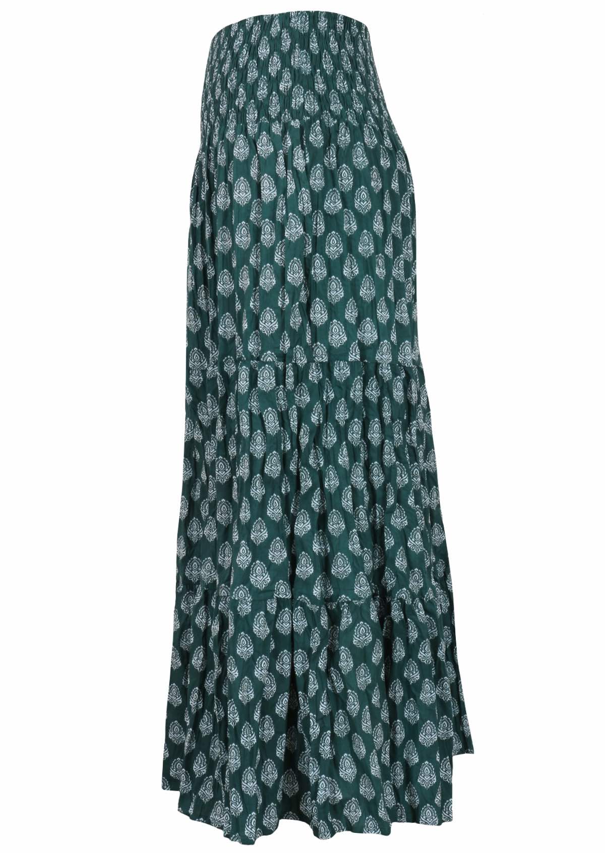 100% cotton maxi skirt with white pendant print on dark green base