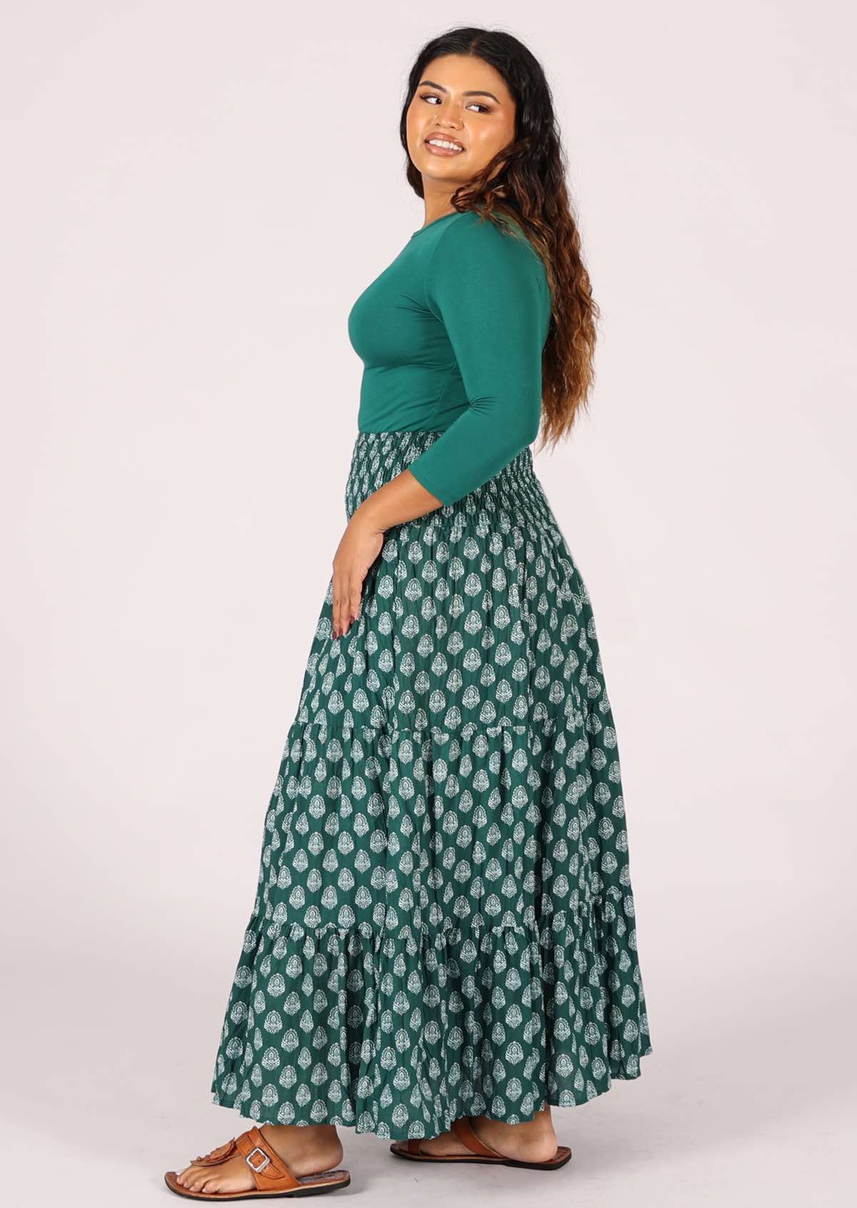 Long cotton skirt with elastic shirred waistband and three tiers of fabric