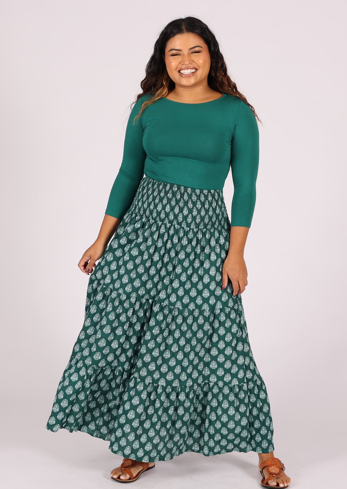 100% cotton maxi skirt with wide shirred waistband