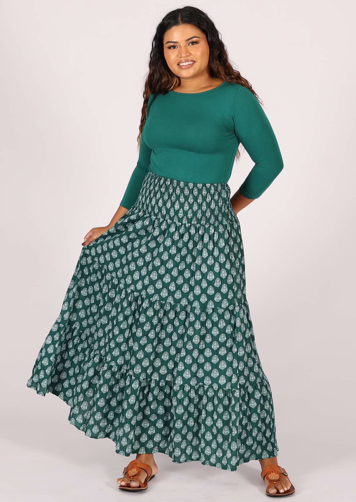 Cotton Maxi Skirt Dark Green Base Print Karma East Australia