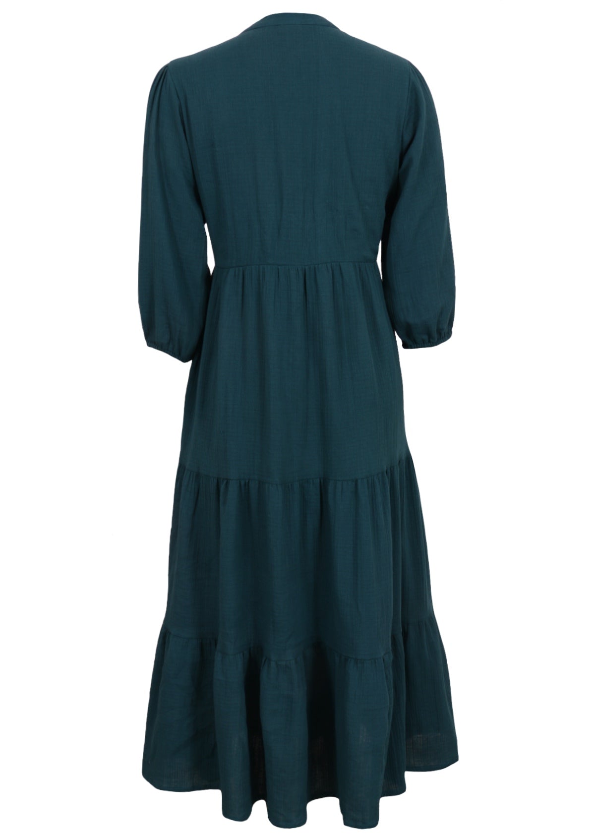 Double cotton relaxed fit maxi dress with tiers, buttoned bodice and 3/4 sleeves