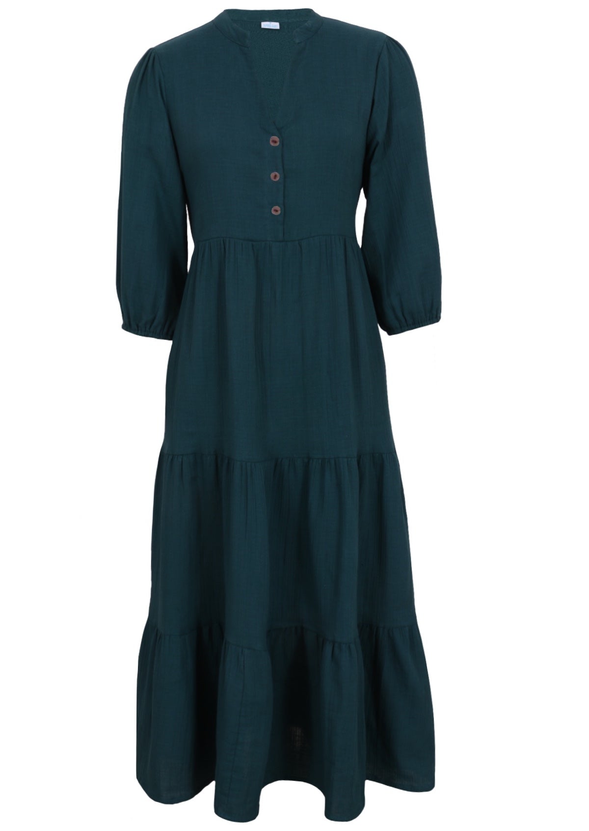 Double cotton boho tiered maxi dress with 3/4 sleeves and buttoned bodice in deep teal