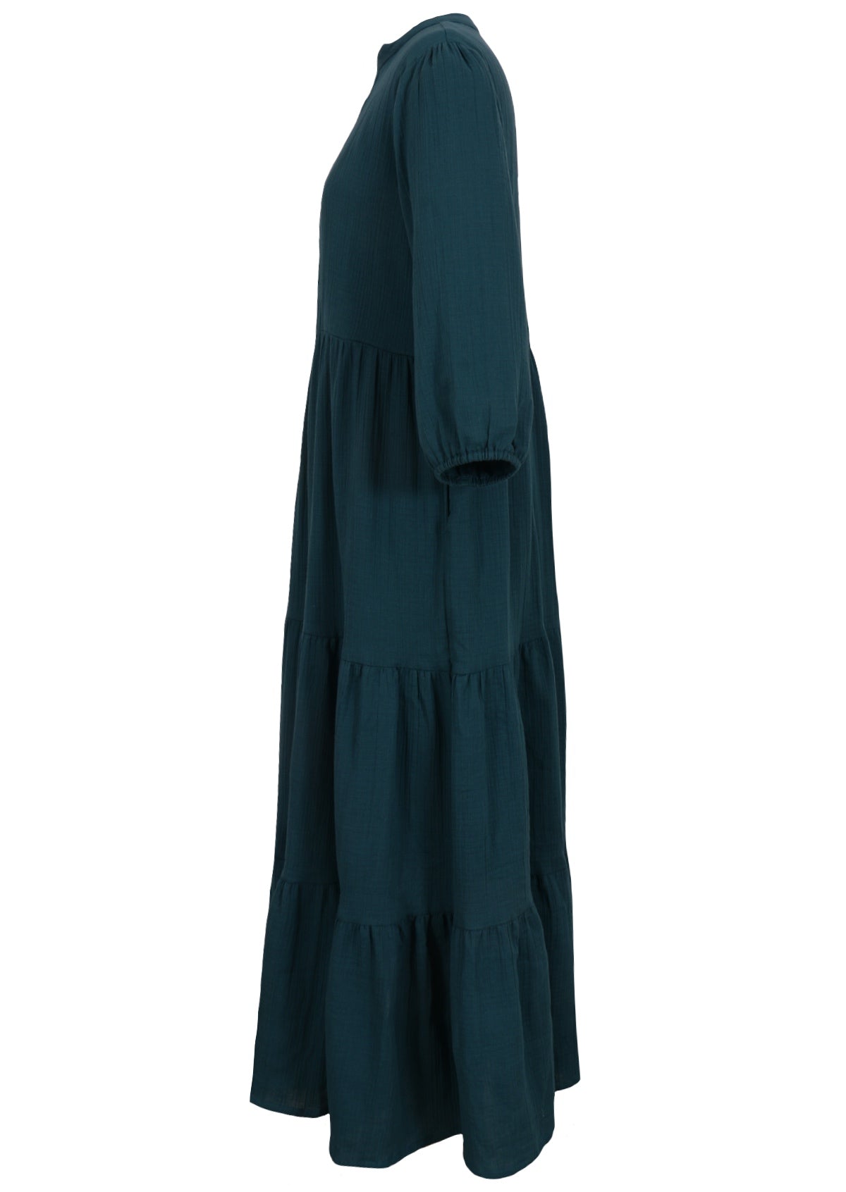 Maxi dress made from two layer of lightweight cotton gauze has a puckered, lived-in texture