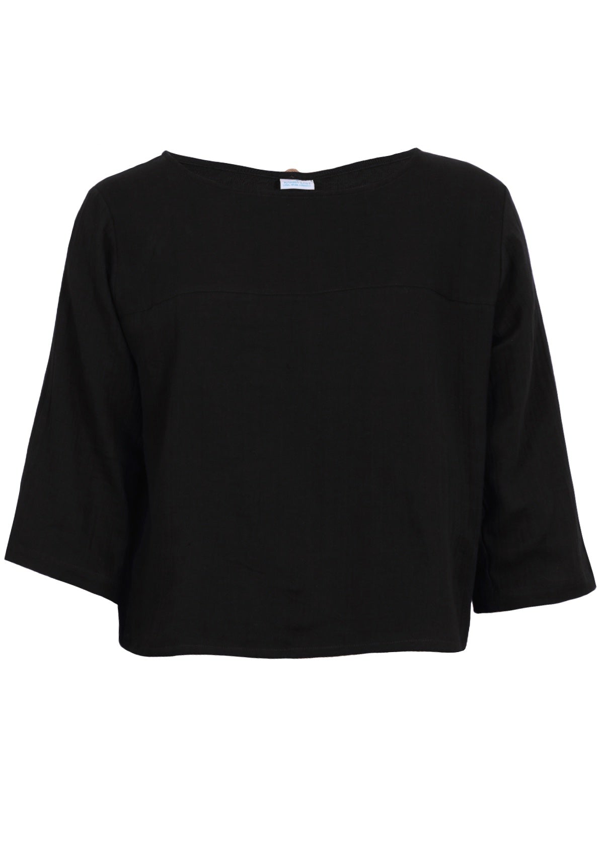 Black double cotton top with high round neckline and 3/4 sleeves