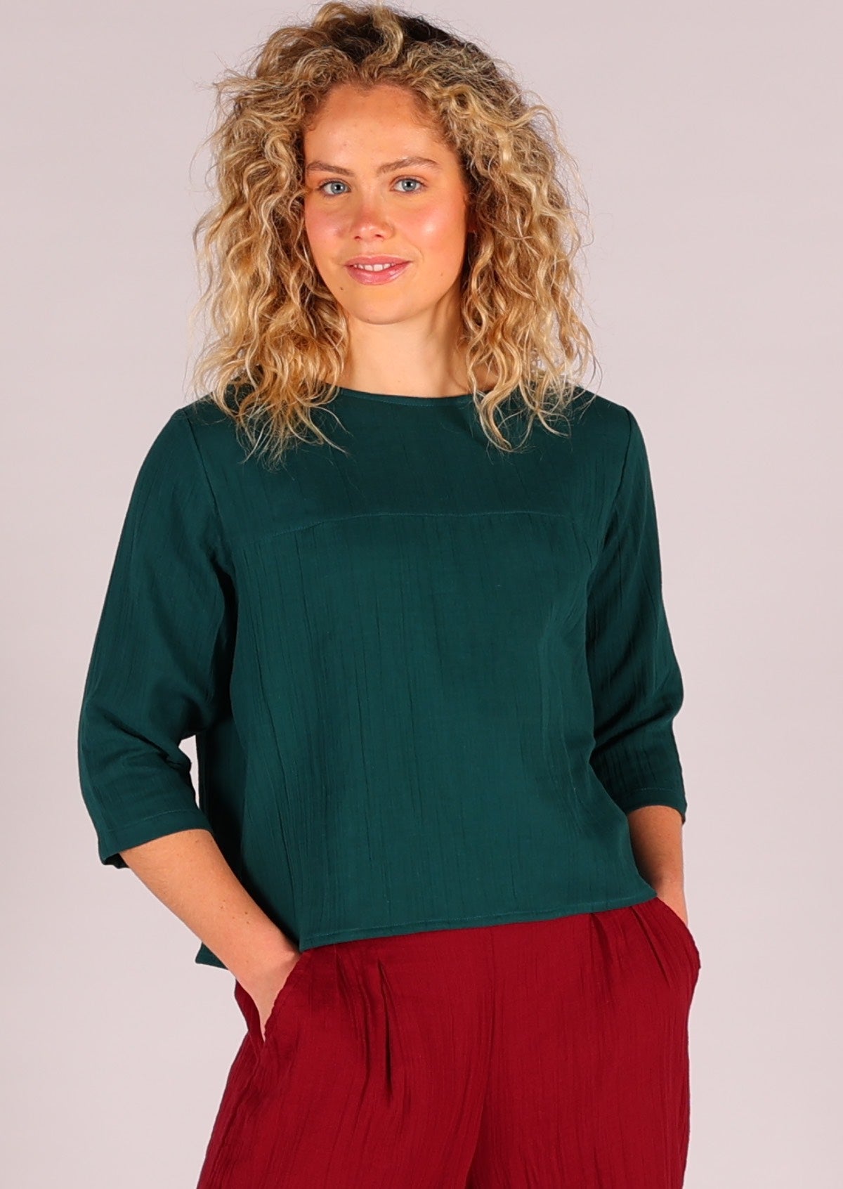 Double cotton top with 3/4 sleeves and high round neckline