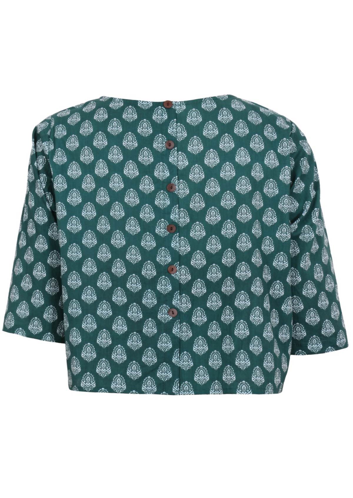 100% cotton top with 3/4 sleeves and decorative buttons at the back