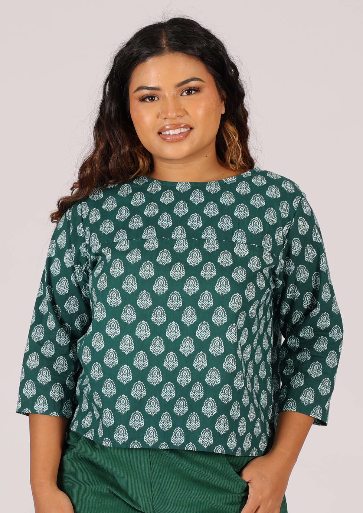 100% cotton loose fit top with 3/4 sleeves
