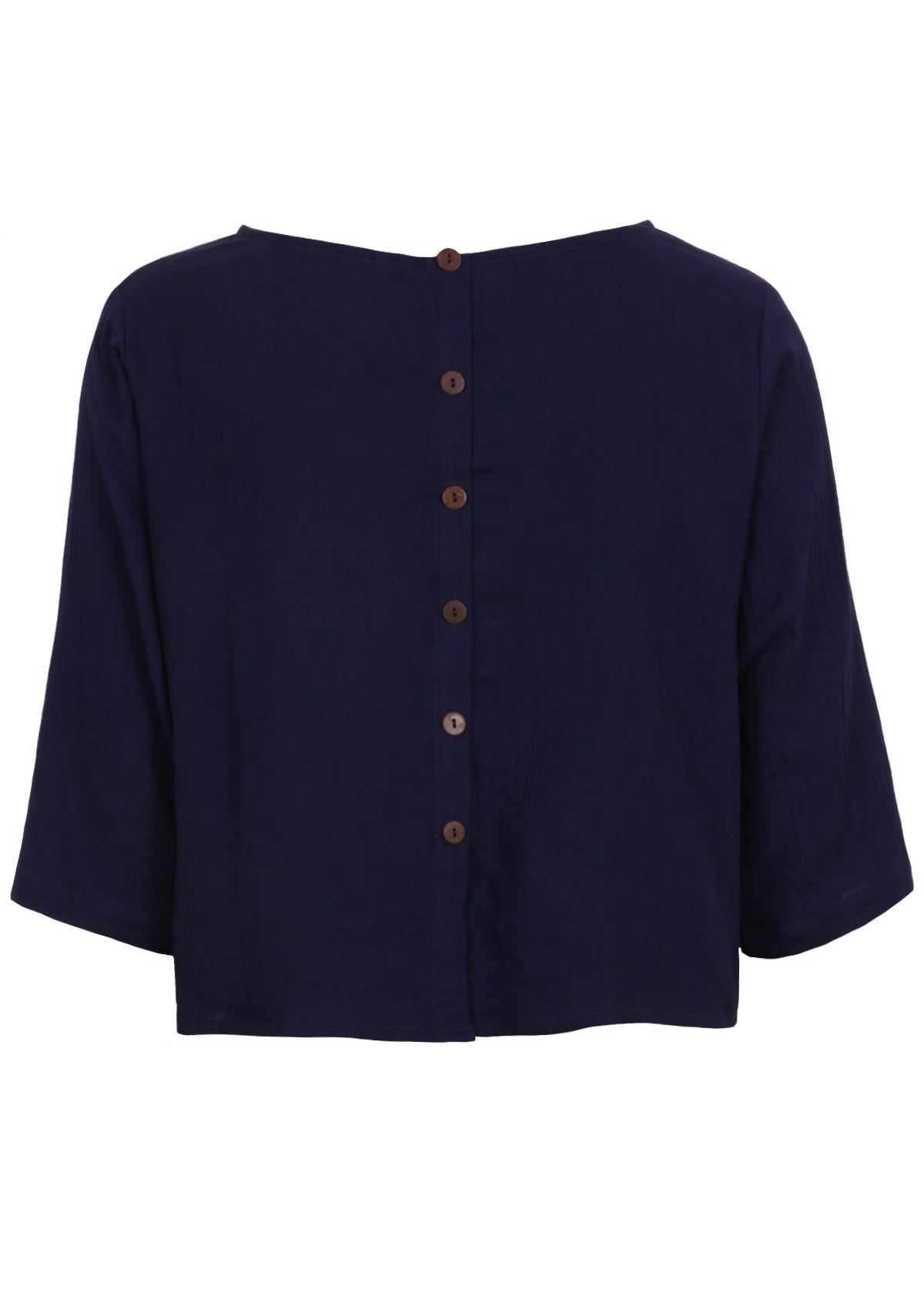 Double cotton 3/4 sleeve top with decorative buttons centre back