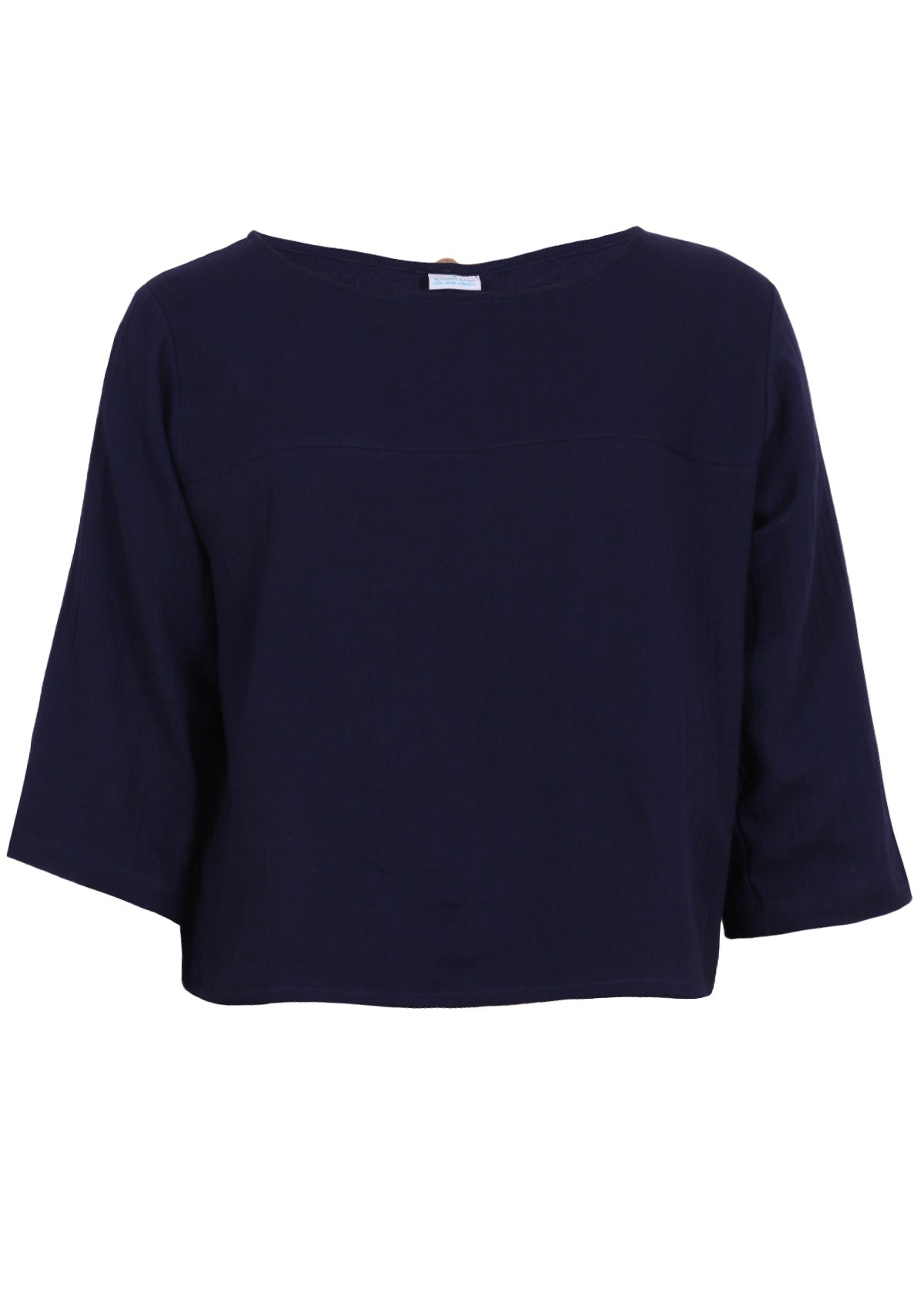 Double cotton top with 3/4 sleeves and high round neckline in dark blue