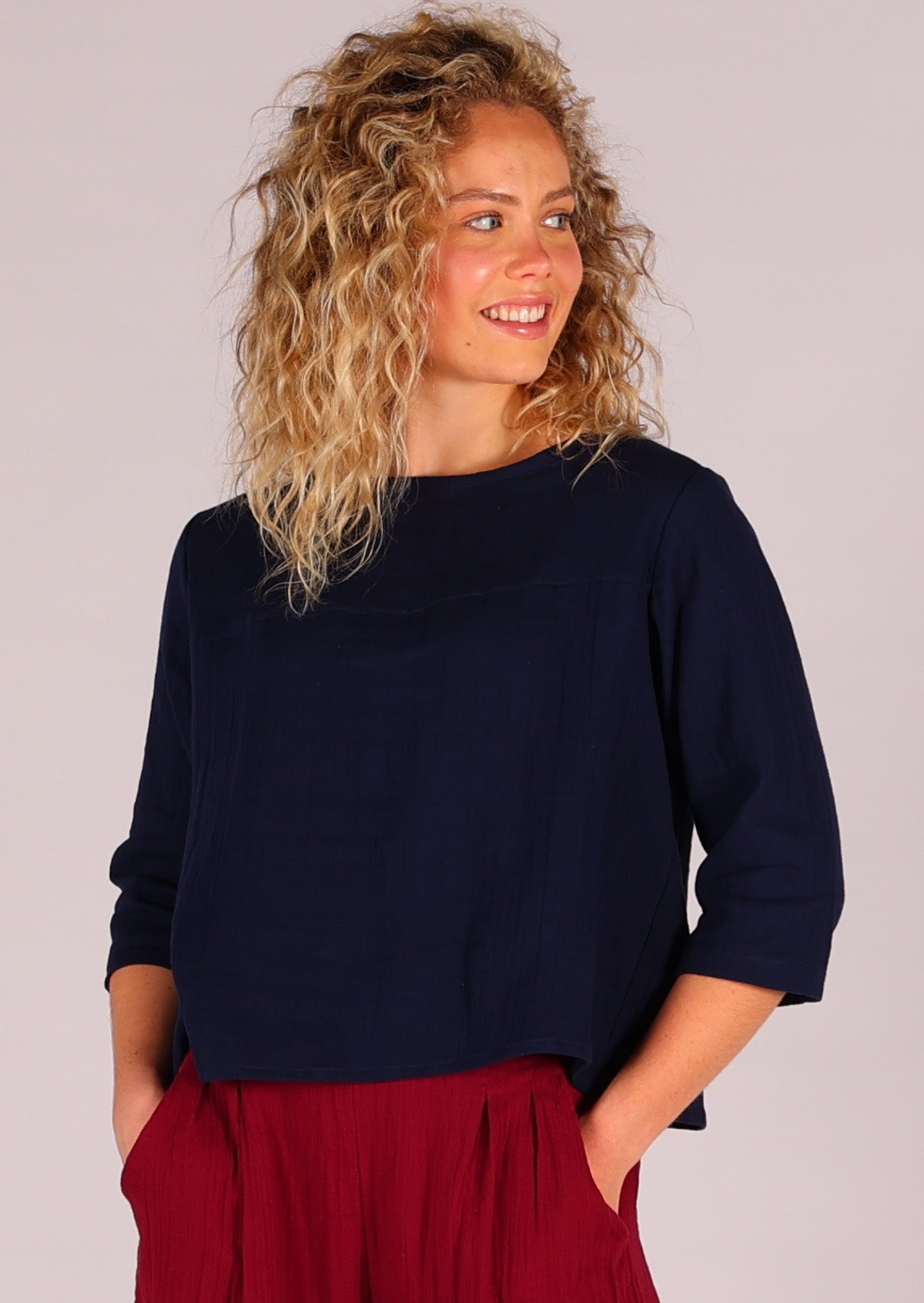 Dark blue top made from two layers of lightweight cotton gauze
