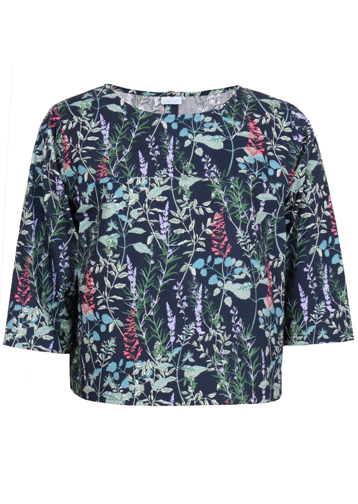High round neckline and 3/4 sleeve cotton floral top